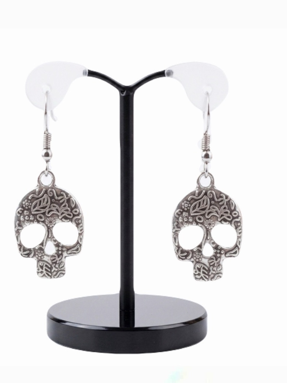 New Sterling Antique Silver Sugar Skull Bohemian Floral Dangle Earrings